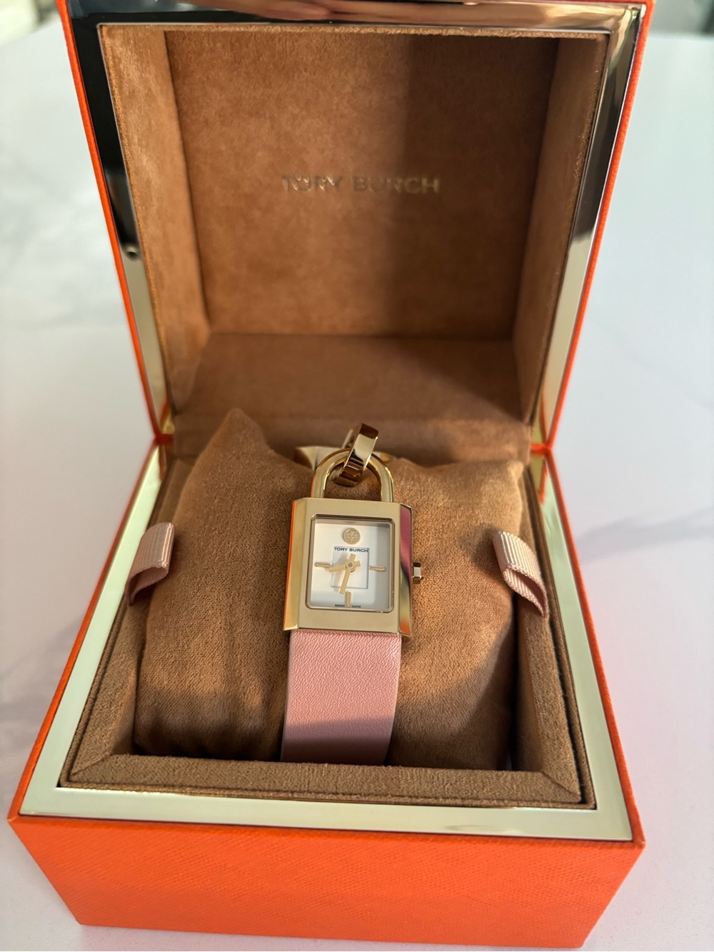 Tory Burch Gold Padlock Watch with Pink Leather Strap - Picture 3 of 9